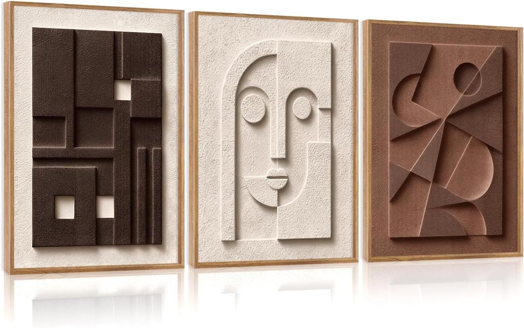 CHDITB 3D Small Geometric Face Wall Art, Neutral Earth Tone Relief Decor
Set Of 3 Minimal Abstract Line Figure Painting, Soft Body Outline Canvas Prints for Living Room Bedroom Office 16"x24"x3