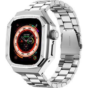 Luxury Aluminum Case with Stainless Steel Band for Apple Watch Ultra 3/2/1 Titanium 49mm, Rugged Metal Military Protective Cover Protector, Tactical Heavy Duty Protection for Men iWatch, Silver