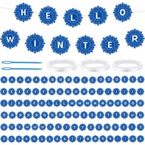 Kosiz 116 Pcs DIY Letter Custom Banner Customizable Banner Kit Winter Snowflake Letter Garland Including 111 Letters Numbers 3 Rope 2 Threading Device for Winter Holiday Xmas Home Classroom Decor (Blue)