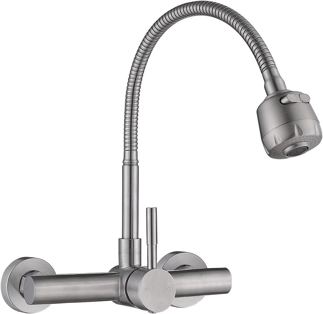 Wall Mount Kitchen Sink Faucet with Sprayer 8 Inch Center, Brushed Nickle Stainless Steel Sink Mixer Tap, Laundry Utility Faucets with Dual Functional Sprayer