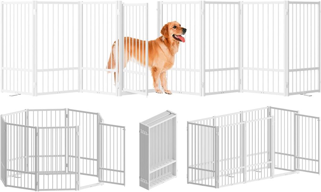 Full Metal Freestanding Dog Gate with Door, 32''Height Foldable Pet Dog Fence for Indoor & Outdoor, 8 Panels Extra Wide Free Standing TallDog Gates for Doorways,House,Stairs,Porch,Deck,Yard (White)