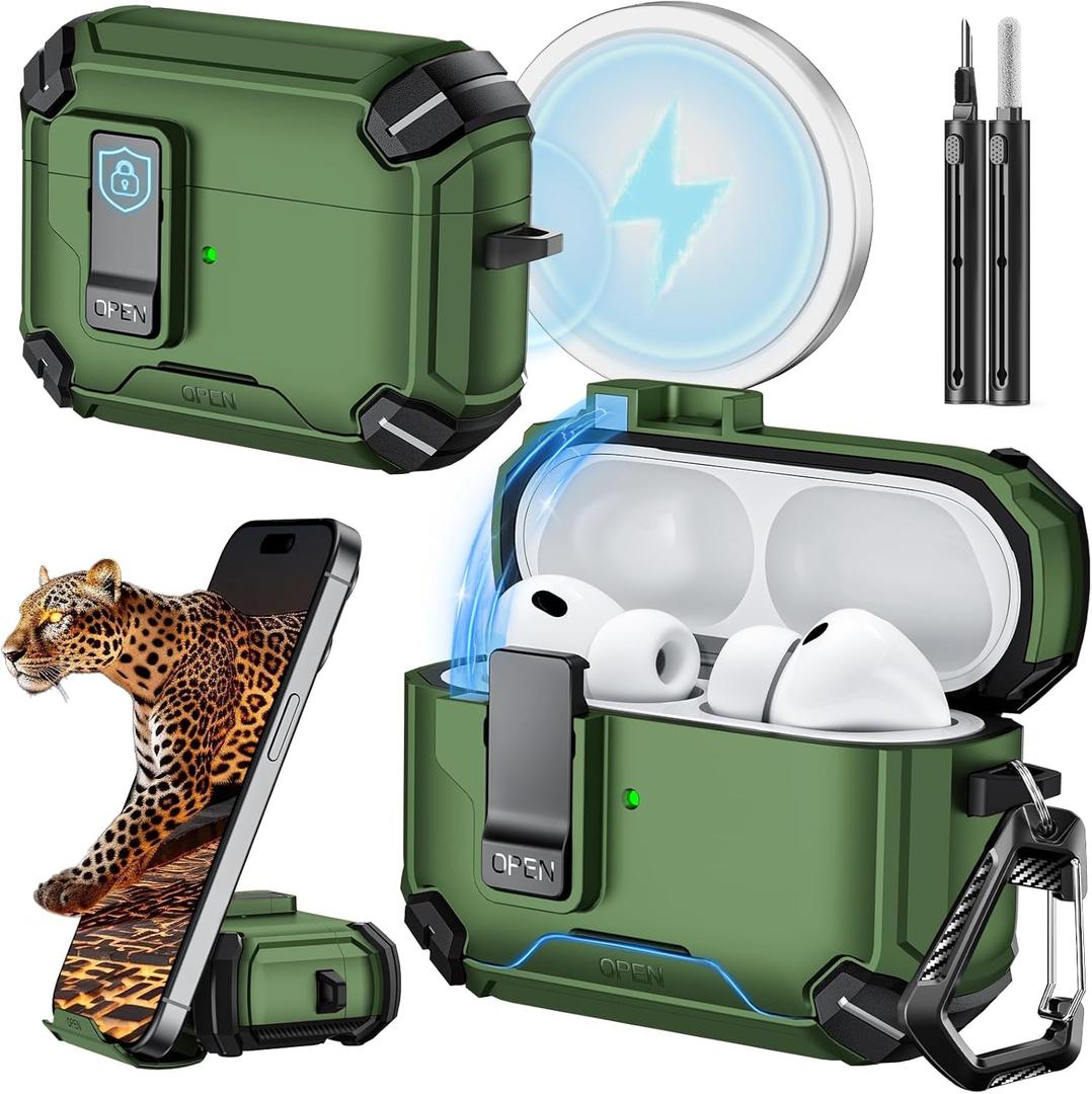 Inesore for AirPods Pro 3 Case (2025) with Phone Stand & Cleaning Kit,Compatible with Magsafe,Magnetic Automatic Lock Cover for AirPods Pro 3rd Generation, Dark Green