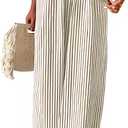 Acelitt Women Casual Drawstring Elastic Waist Striped Wide Leg Pants with Pockets (Beige, S)
