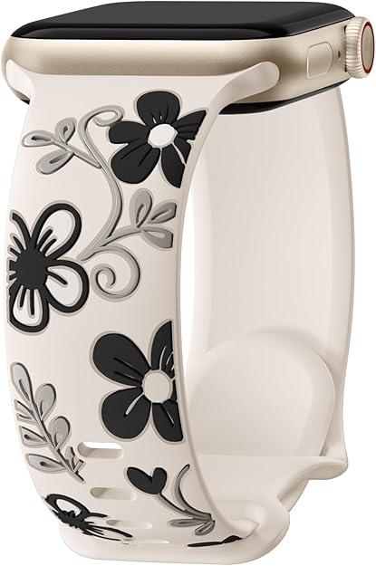 Witzon Floral Band Compatible with Apple Watch Bands For Women 40mm 41mm 38mm 42mm 44mm 45mm 46mm 49mm, Engraved Cute Flower Silicone Inlay Dressy Strap for iWatch Series 10 9 8 7 6 5 4 3 2 SE Ultra (Pack of 1, Starlight Black)