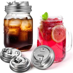 Baderke 4 Pcs Stainless Steel Mason Jar Drinking Lids for Wide Mouth Mason Jars, Rust Proof Leak Proof Seal Cover fit Home Tea, Milk, Juice Drinks Airtight Turns your Container into Pitcher (3.39 Inch)