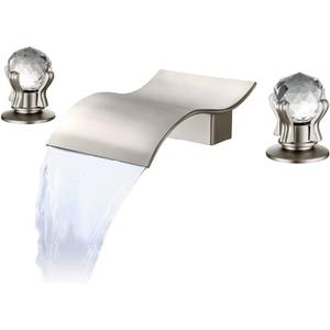 Widespread Bathroom Sink Faucet with Crystal Knob 3 Hole Waterfall Vanity Faucet 8 Inch Crystal Bathroom Faucets Deck Mount Basin Mixer Tap with Hose, Brushed Nickel