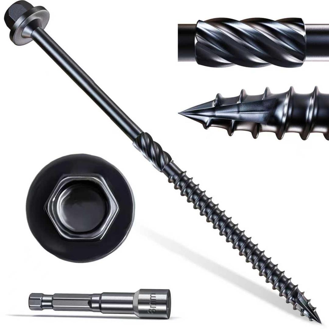 #14 x 6 Wood Structural Screws 100 Pcs, Exterior Hex-Head Lag Screws, Black Heavy Duty Construction Timber Log Landscaping Wood Screws, 5/16 Hex Socket Included