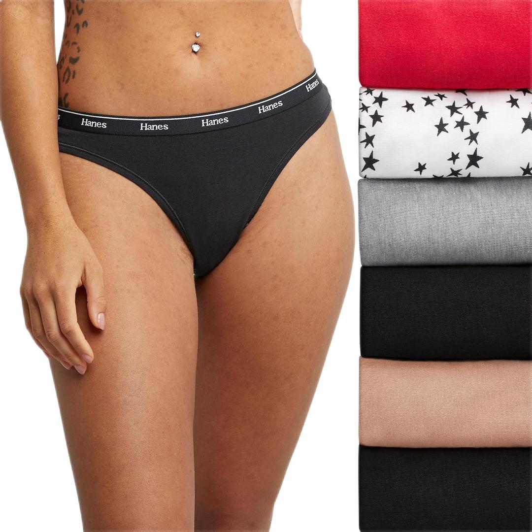 Hanes Women's Originals Thong Panties, Breathable Stretch Cotton Underwear, Assorted, 6-pack (Large, Basic Color Mix)