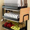 Wall Mounted Stainless Steel Dish Drying Rack Fruit Vegetable Storage Basket with Drainboard and Hanging Chopsticks Cage Knife Holder Kitchen Supplies Shelf Utensils Organizer (3-Tier)