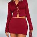 MakeMeChic Women's Bow Decor Rib Knit Top Cut Out Tee Shirt Tie Front Long Sleeve Slim Fitted Crop Tops (Red, M)