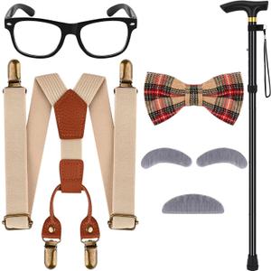 100 Days of School Old Man Costume for Boys Include Glasses Suspenders Bow Tie Crutch Mustache for Grandpa Dress Up