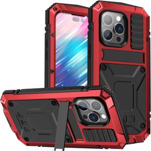 iPhone 14 Pro Metal Bumper Silicone Case iPhone 14 Pro Case with Stand Built-in Screen Protector Gorilla Glass Hybrid Military Shockproof Heavy Duty Rugged Full Cover for Outdoor (Red)