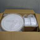 AOZITA 200PCS Gold Plastic Plates Set, Heavy Duty Disposable Plates for Party & Wedding, Includes 100 Dinner Plates and 100 Dessert Salad Plates, Elegant White with Gold Rim Dinnerware