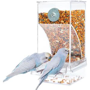 Bird Parrot Feeders, No Mess Automatic Cage Feeder Dispenser Food Container, Auto Bird Seed Bowl for Small Medium Birds, Cockatiel Canary Cockatoos Parakeet Conure Lovebird, Acrylic Clear (Feeder)