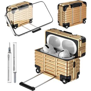 Case Cover for Airpods Pro 3 with Secure Lock & Phone Stand,Suitcase Design,Wired and Wireless Charging with Case,TPU+PC Protective Cover with Cleaner Kit,Gold
