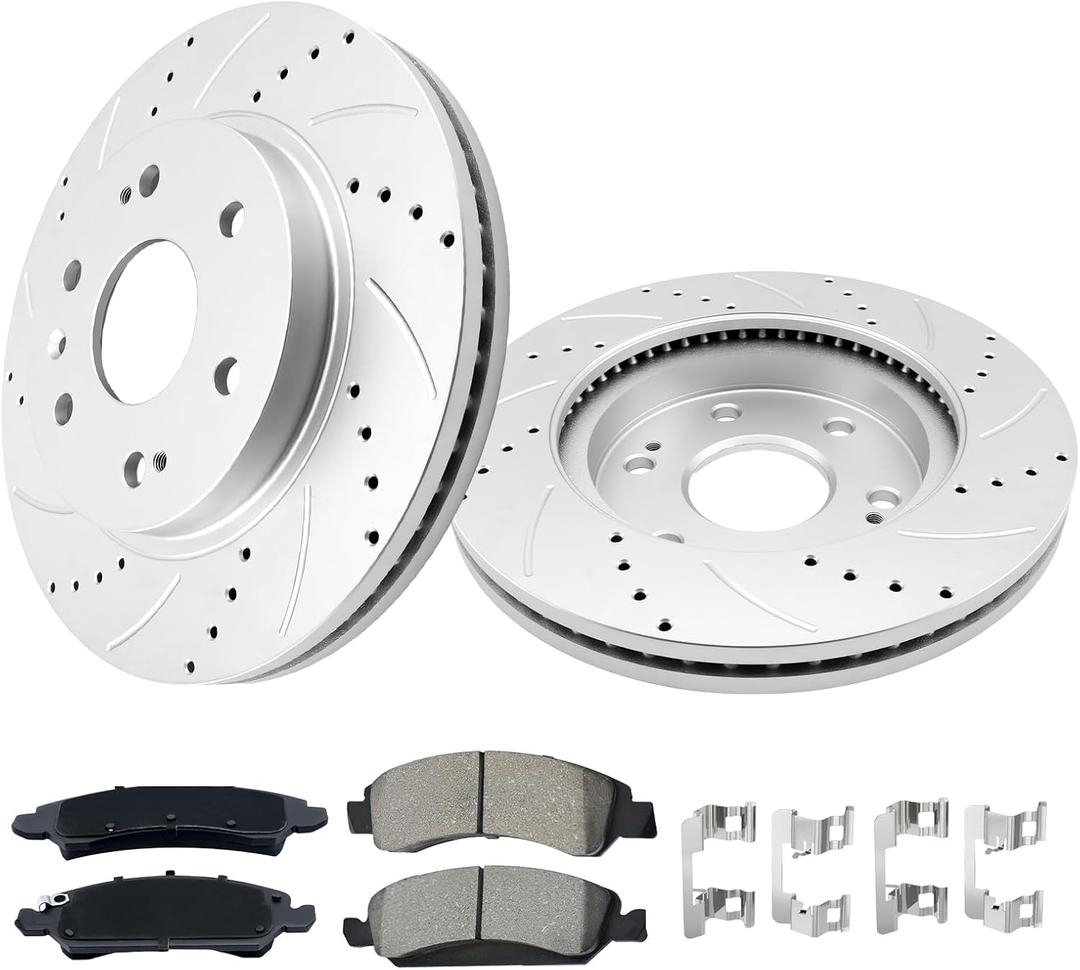 Front Brakes and Rotors Geomet Drilled Slotted Replace for 14-18 Chevy Silverado 1500, 15-20 Tahoe, 15-20 Suburban, 15-20 GMC Yukon, 14-18 Sierra 1500, 580279, 55097, 88963556, 19175334, 25819670