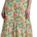 Summer Floral Midi Dress for Women Spring Puff Short Sleeve Button Down Flowy Boho Dresses (Large, Green)