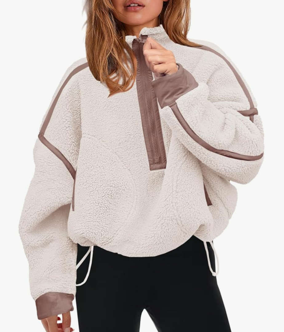 Panadila Womens Half Zip Sherpa Fleece Pullover Soft Oversized Sweatshirt with Pockets Warm Fuzzy Sweater, Size M