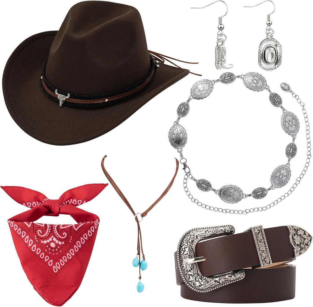 Western Cowgirl Outfit for Women Cowboy Hat Bandana Earrings Belt for Halloween Cosplay Cowgirl Costume Accessories