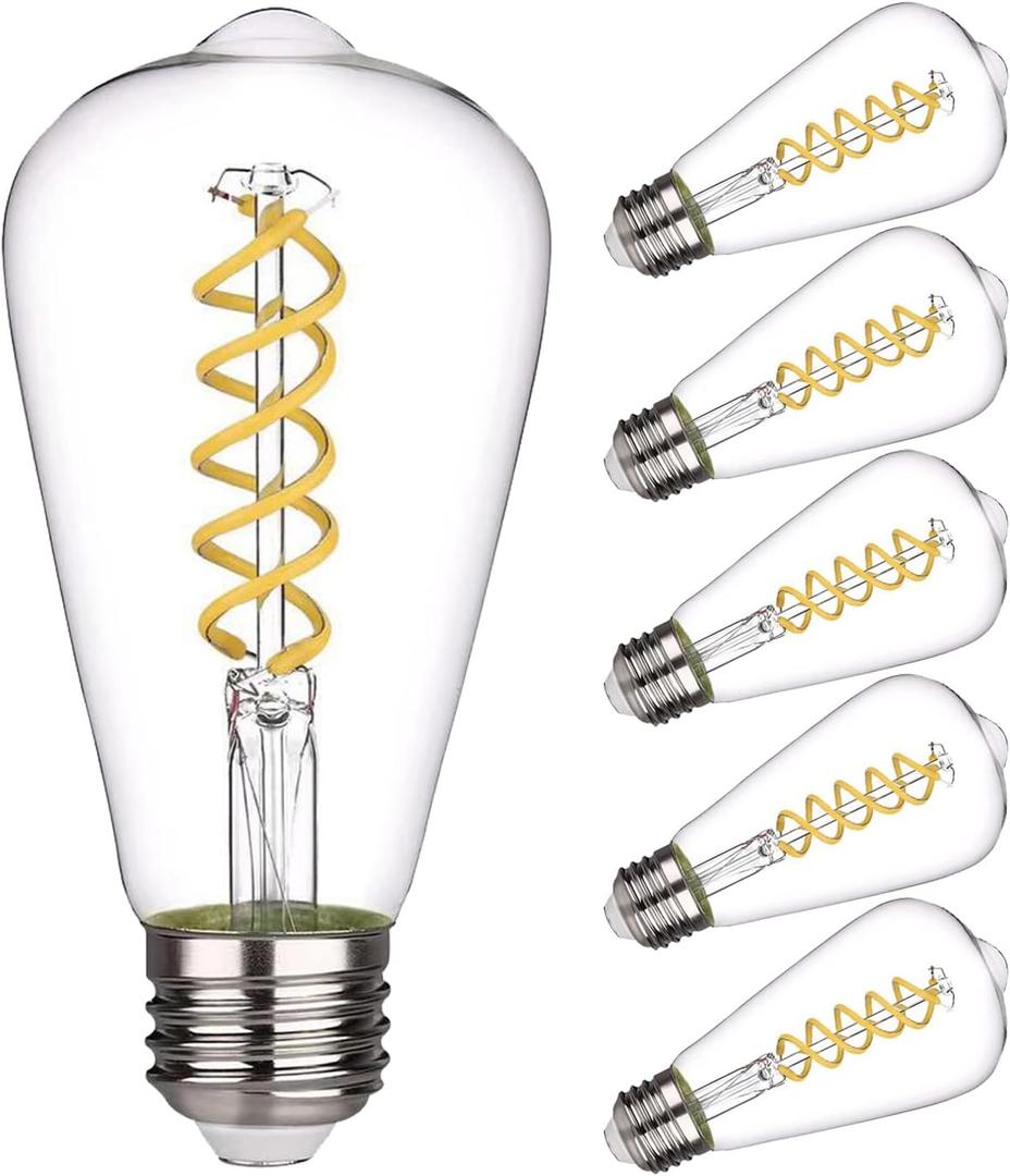 ST19(ST58) LED Edison Bulb, Vintage,6 Pack,Natural White 4000K, Antique Flexible Spiral LED Filament Light Bulb, Dimmable, 600LM, 6W Equivalent to 60W, E26 Base,Clear Glass