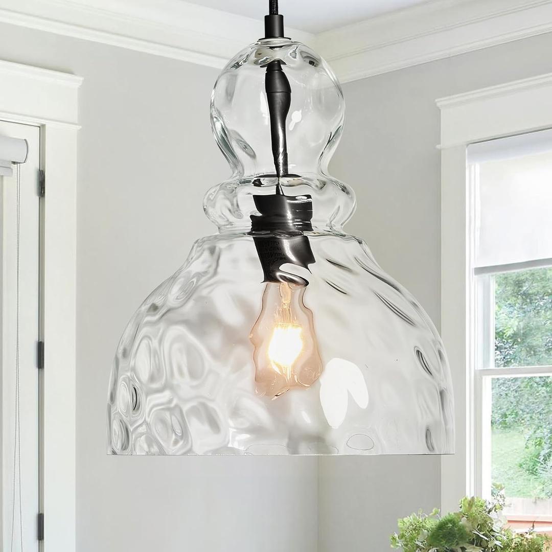 Hammered Glass Pendant Light for Kitchen Island Black Pendant Hanging Light 10inch Large Glass Pendant Lights for Kitchen Sink Dining Room Hallway Entrance, 10in, E26