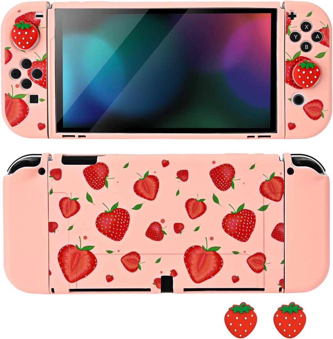 DLseego Protective Soft TPU Case for Nintendo Switch OLED, Grip Cover for Joy-Handle, Detachable Controller Shockproof & Scratch-Resistant Console Shell, 2 Thumb Grips, Strawberry, Pink 2 OLED
