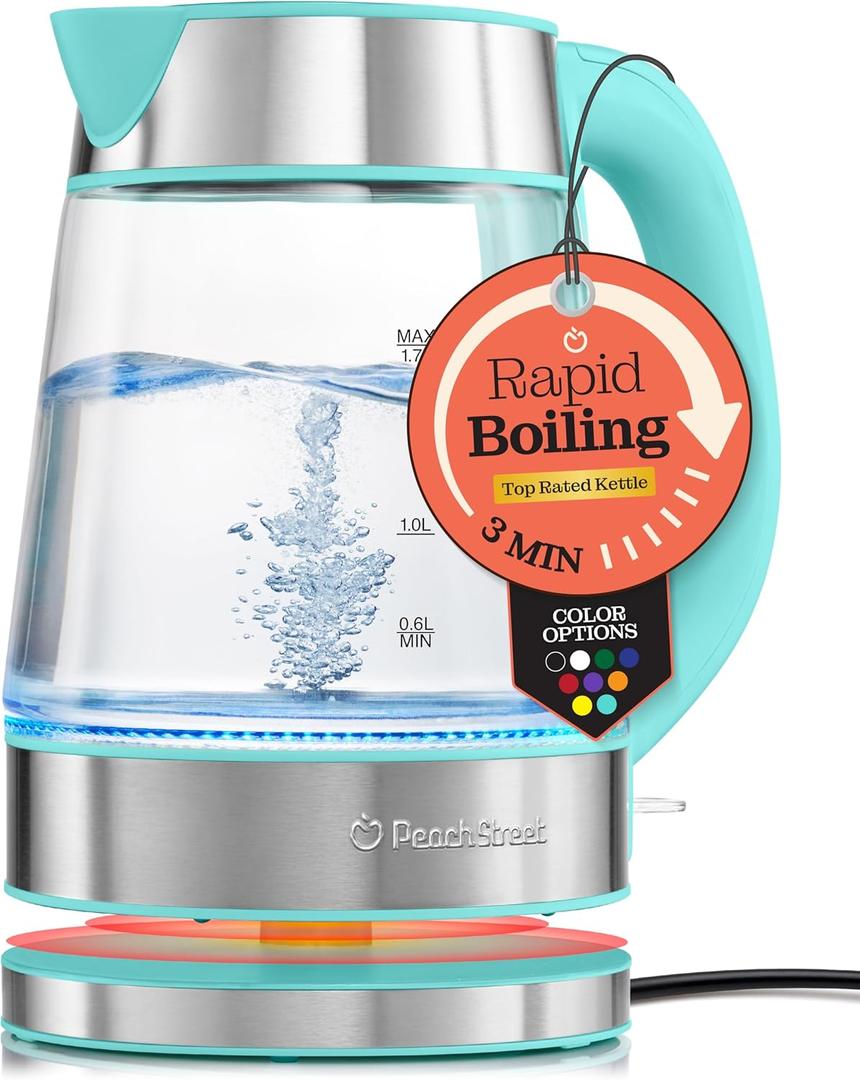 Speed-Boil Water Electric Kettle, 1.7L 1500W, Coffee & Tea Kettle Borosilicate Glass, Water Boiler, Auto Shut-Off, Cool Touch Handle, Base Detachable, LED. 360° Rotation, Boil Dry Protection (Aqua)