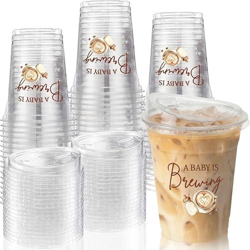 Willinglong 50 Pack A Baby Is Brewing Baby Shower Cups Coffee Theme Cups with Strawless Sip Lids 12 oz a Babys is Brewing Iced Cup Disposable Cup for Gender Reveal Shower Party Supplies