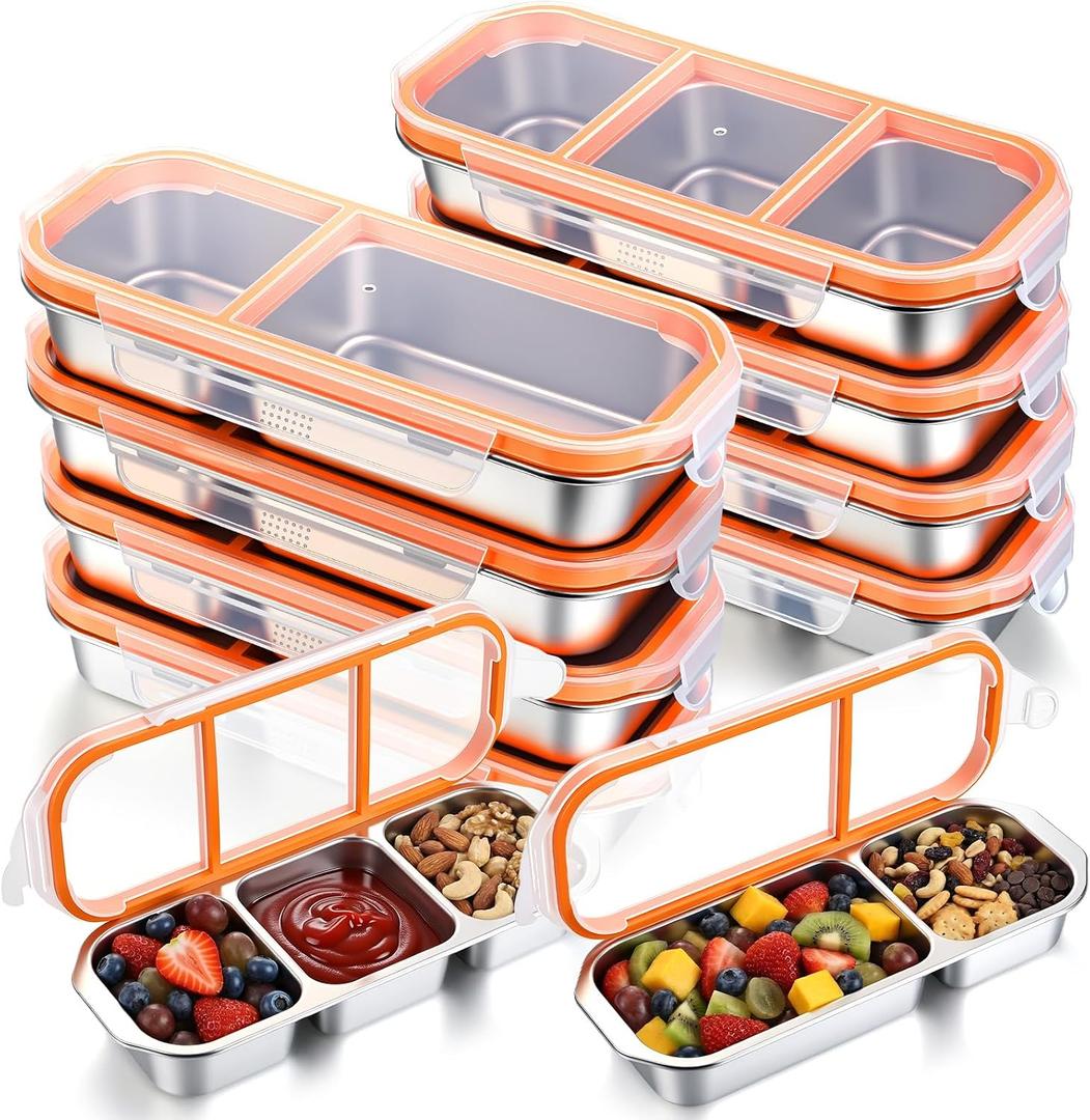 8 Pcs Stainless Steel Snack Containers with Leak Proof Lids, 2/3 Compartments Metal Bento Lunch Box, Reusable Divided Food Storage Container for Adults Home Travel Work(Orange)