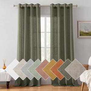 HOMEIDEAS Olive Green Linen Sheer Curtains, 84 Inches Long 2 Panels Textured Semi Sheer Curtains Farmhouse Privacy Window Drapes for Bedroom Living Room