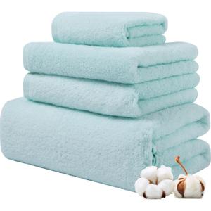 4-Piece Zero-Twist 100% Ring Spun Cotton Towel Set,600GSM Luxury Long-Staple Combed Cotton Bath Towel for Bathroom-Ultra Soft Skin Friendly Fluffy Highly Absorbent Quick Dry Cotton Towel Set,Aqua