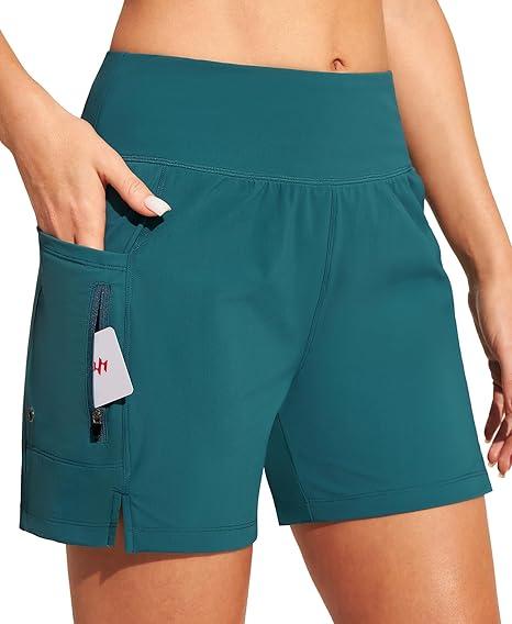 Ewedoos Womens Swim Shorts High Waisted Board Shorts for Women Stretchy 5" Swim Beach Short with Pockets Swimwear Liner (Forest Green)