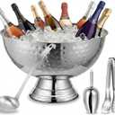 Ice Bucket for Parties and Punch Bowl Set, 15.7 Inch Large Stainless Steel Champagne Chiller with Ladle Scoop and Tongs, Pedestal Beverage Tub for Wedding Mimosa Bar(Hammered)