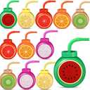 Mifoci 12 Set Summer Fruit Cups with Straws Lids 10oz Plastic Frutti Party Cups Tropical Kiwi Lemon Orange Grapefruit Watermelon Pitaya Pattern for Boys Girls Birthday Luau Party Favor Supplies