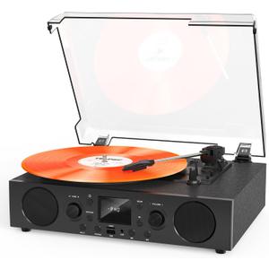 VinylsLink Record Player with Built-in Speakers, Belt-Driven Turntable Support 3-Speed, FM Radio and Bluetooth Receiving, RCA Line Out & AUX in, USB Recording and Auto Stop, Black
