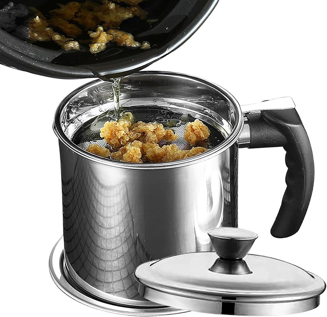 Stainless Steel Grease Containerwith Fine Mesh Strainerwith Lid and Easy-Grip Handlefor Kitchen Storing Frying Cooking Grease1.3L