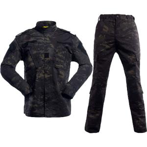 LANBAOSI Men's Tactical Jacket and Pants Military Hunting ACU Uniform 2PC Apparel Suit (Large, Black Cp)