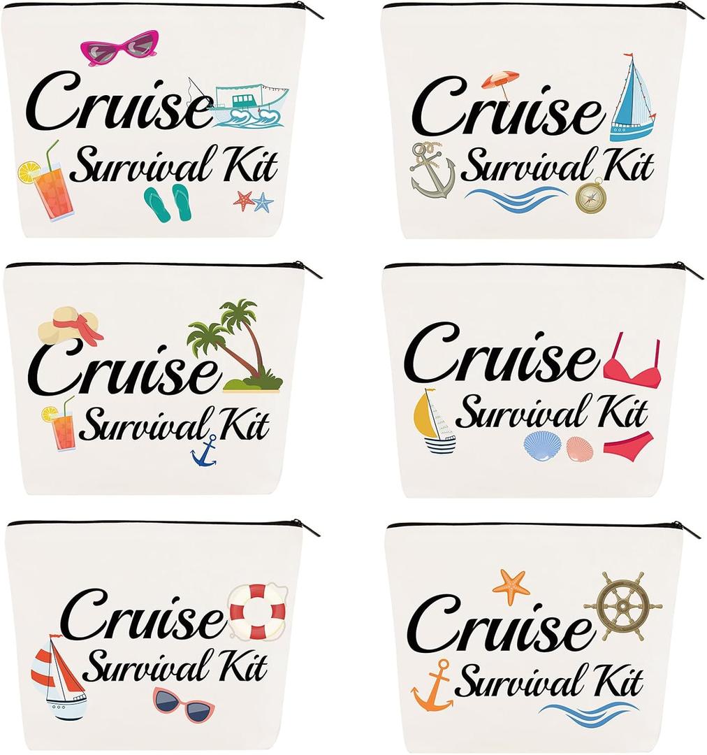 6Pcs Cruise Makeup Bag Cruise Survival Canvas Kit Funny Travel Cosmetic Bag Cruise Essentials Accessories Portable Organizer Zipper Pouch for Cruise Trip Gifts for Girls Women Sisters