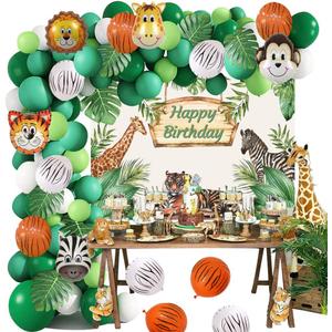 Yancan Safari Birthday Decorations for Boy Jungle Theme Party Supplies Green Balloon Garland Arch Kit with Happy Birthday Backdrop Animal Balloons Palm Leaves