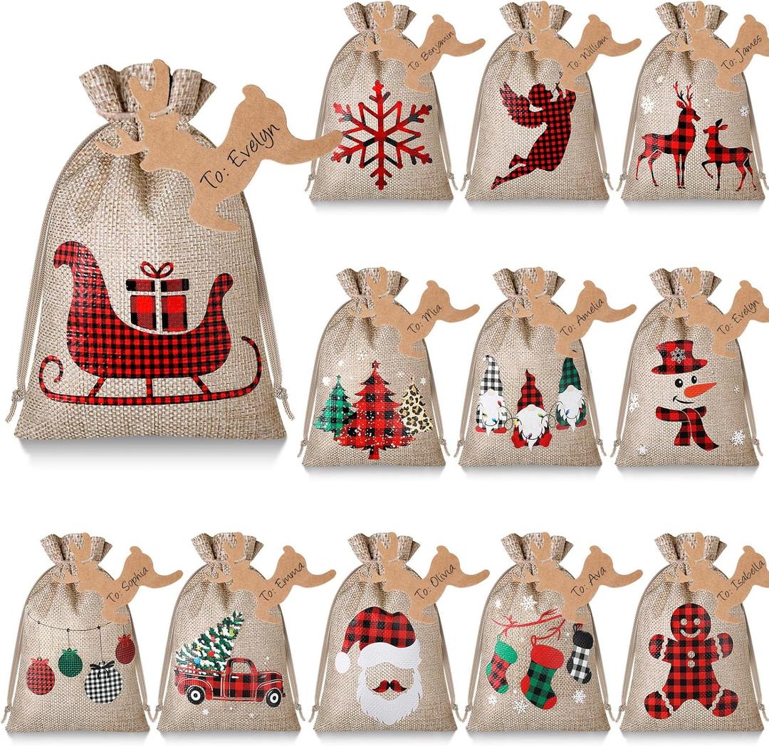 Shappy 24 Pcs Christmas Burlap Gift Bags, Small Treat Goody Bags with Drawstrings for Christmas, Featuring 12 Designs for Xmas and New Year Party Favors and Supplies(Rustic Style,10 x 8 Inch)