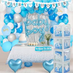 Baby Shower Decorations for Boy - All-in-One Inclusive Baby Boy Shower Blue Decorations JUMBO 165 Pcs Set - Welcome First Birthday Photo Shoot Decor Balloons Arch Boxes with Letters Kit