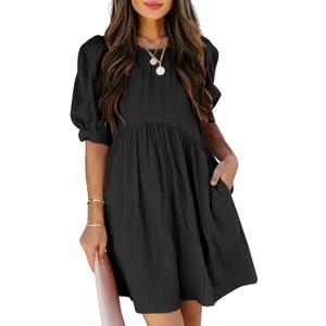 Dokotoo Womens 2025 Spring Summer Crewneck Puff Sleeve Babydoll Elegant Empire Waist Mini Swing Skater Dresses with Pockets (Small, 1 Black 2)