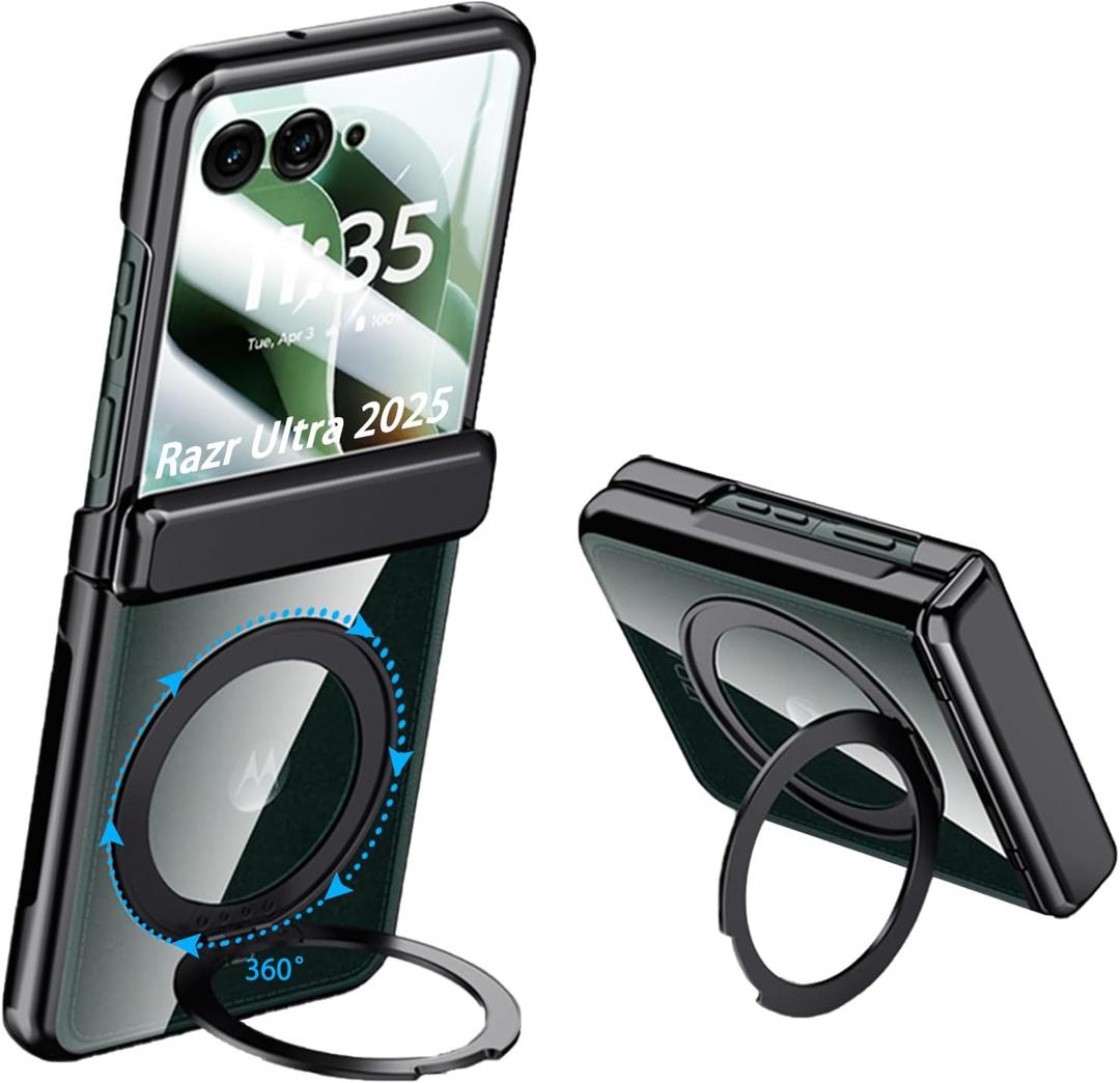 for Motorola Razr Ultra 2025 Clear Case with Hinges Protection & 360 Spin Magnetic Ring Stand & Built-in Screen Protector Electroplated Frame Ultra-Thin Anti-Fall (Razr Ultra 2025, Black)