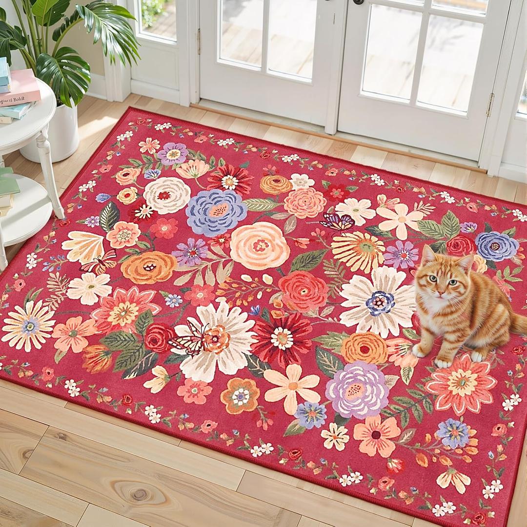 Floral Rug for Entryway, 2x3 Washable Kitchen Mat Ultra-Thin Soft, Non-Slip Indoor Door Carpet Stain Resistant Boho Small Low-Pile Throw for Bathroom Bedroom (2 x 3, Red Garden)