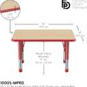 FDP Rectangle Activity School and Classroom Kids Table (24 x 36 inch), Chunky Toddler Leg, Adjustable Height 15-24 inches - Maple Top and Red Edge