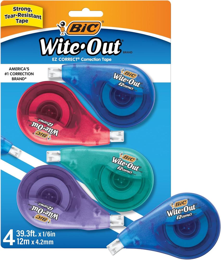 BIC Wite-Out Brand EZ Correct Correction Tape, 39.3 feet, 4-Count Pack of White Correction Tape, Fast, Clean, and Easy to Use Tear-Resistant Tape Office or School Supplies