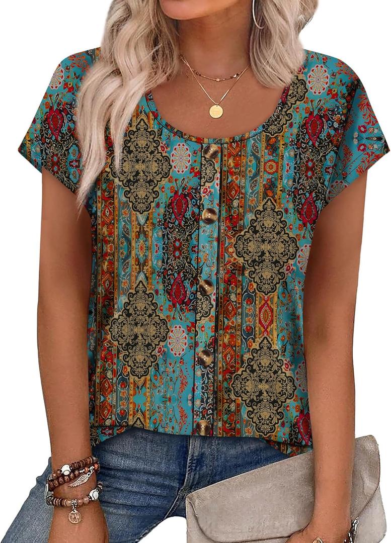 WIHOLL Womens Summer Tops Cap Short Sleeve Shirts Button Down Blouses U Neck T Shirts Fashion Clothing (Large)