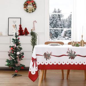 Wewoch Christmas Tablecloth 60"x104" Water Resistant Polyester Table Cloth with Ribbon Print Ideal for Indoor Dining Holiday Dcor
