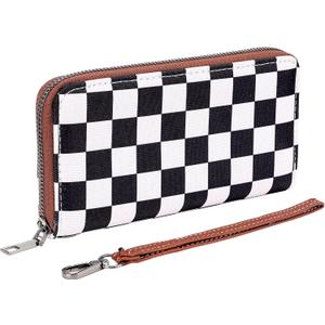 Checkered Wallet for Women with Wrist Strap  Zip Around Canvas Clutch with Card Slots, Cash Pocket & Interior Zip Pouch, Black & White Plaid