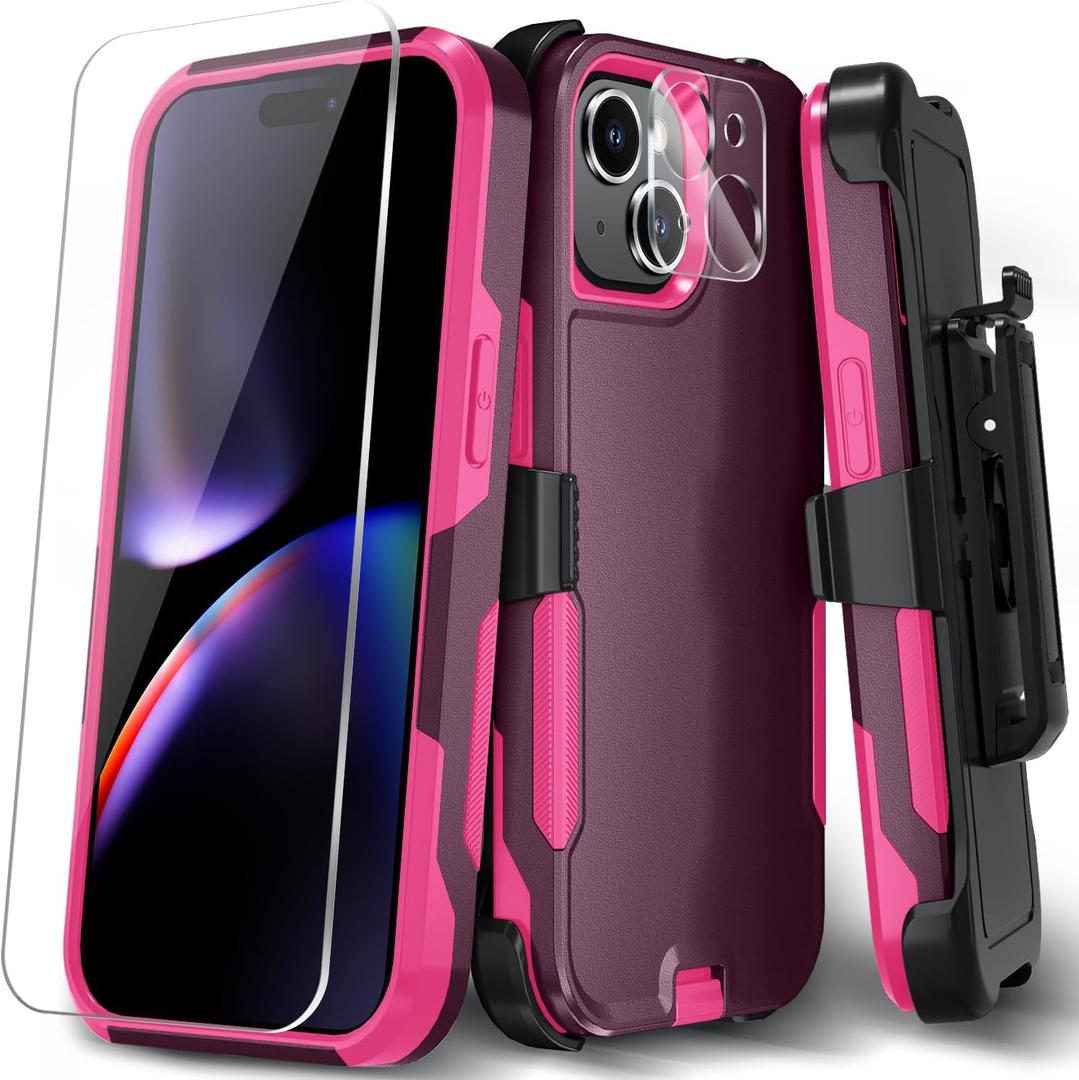 Xmon Case for iPhone 15 Plus, Heavy Duty Rugged Case Belt Clip Holster Kickstand Protective Cover [Shockproof] Compatible with Apple iPhone 15 Plus (Wine)